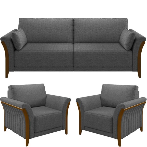 Kit Sofá 03 Lugares Sala Estar 222cm Com 02 Poltronas Stefan Pés Madeira M03 Linho Chumbo - Lyam Decor