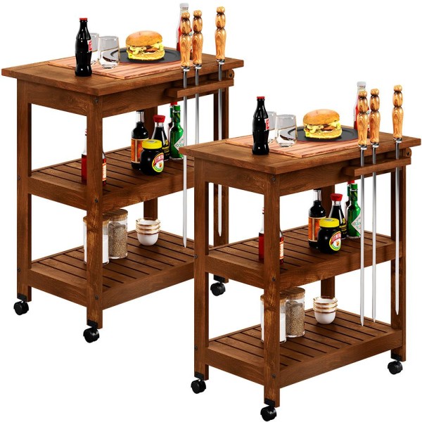 Encontraproduto.com.br - Kit 02 Carrinho De Churrasco Grade Mesa Tábua De Cortes Home W02 Madeira Maciça Imbuia - Lyam Decor