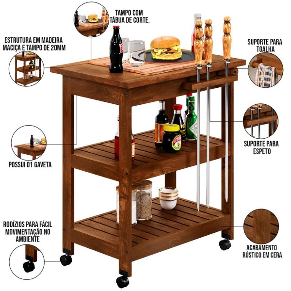 Encontraproduto.com.br - Kit 02 Carrinho De Churrasco Grade Mesa Tábua De Cortes Home W02 Madeira Maciça Imbuia - Lyam Decor