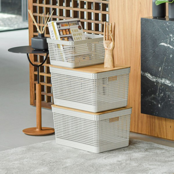 Encontraproduto.com.br - Cesto Organizador Grid Com Tampa Em Bambu 20l Ou Bege
