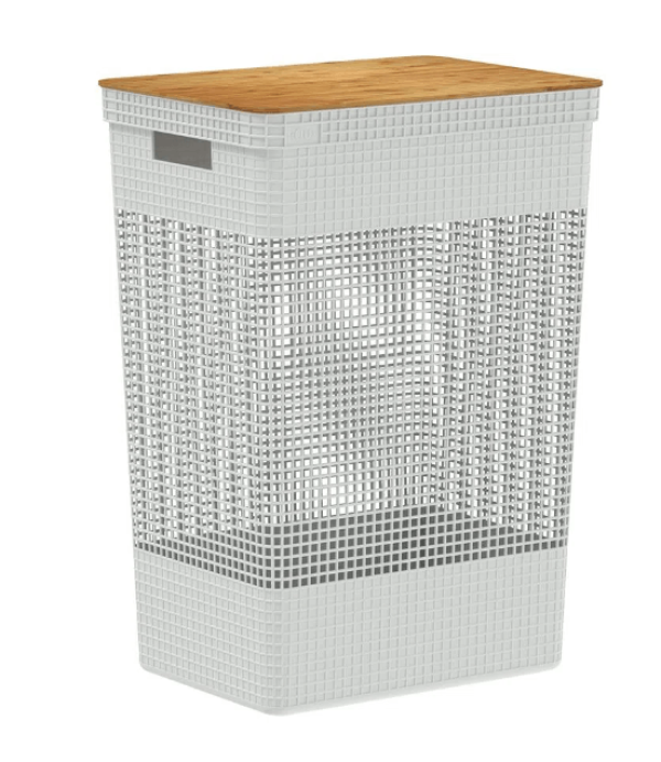 Encontraproduto.com.br - Cesto de Roupas Grid com Tampa de Bambu 49L Branco Oceano Martiplast