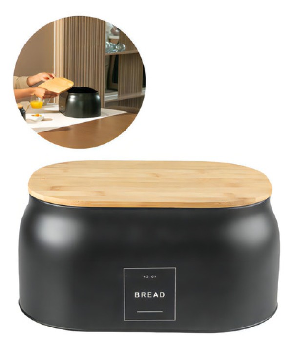 Porta Pão Sense em Metal com Tampa de Bambu 33,5cm Preto