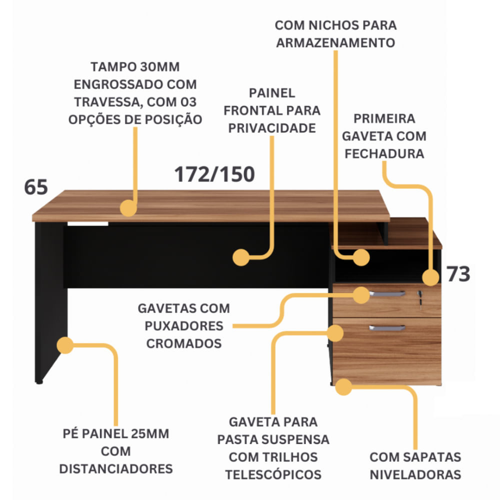 Encontraproduto.com.br - Mesa para Escritório 2 Gavetas com Chave Yaris YAR1565 Office 150x65cm Marrom/Preto