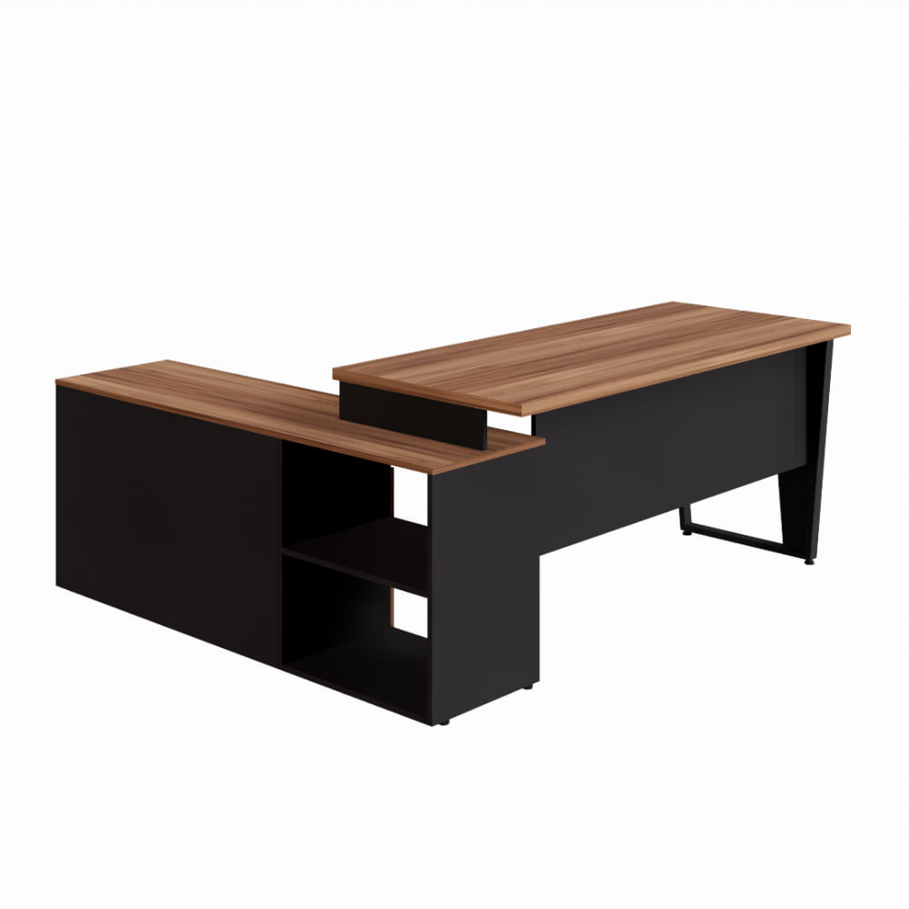 Encontraproduto.com.br - Mesa para Escritório 2 Gavetas 1 Porta Yaris YAR1717 Office 150x160cm Marrom/Preto