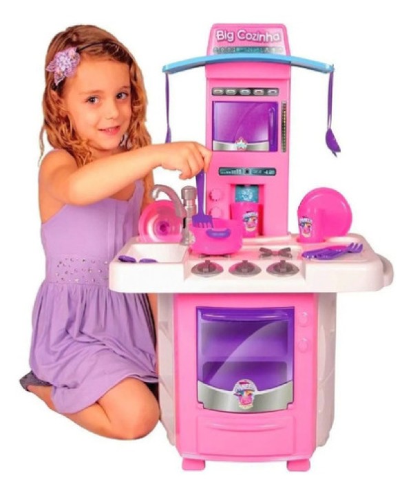Cozinha Infantil Menina Completa Pia Fogão Forno Sai Água Cor Rosa