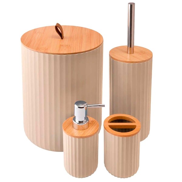 Encontraproduto.com.br - Kit Banheiro C/ Tampa Bambu 4 Peças em Plástico FlashGoods
