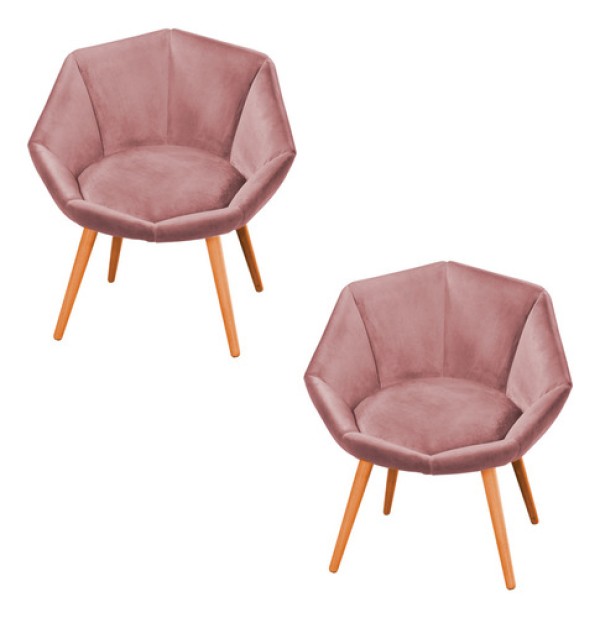 Kit 02 Poltronas Jaspe Veludo Rosa Pés Palito Castanho