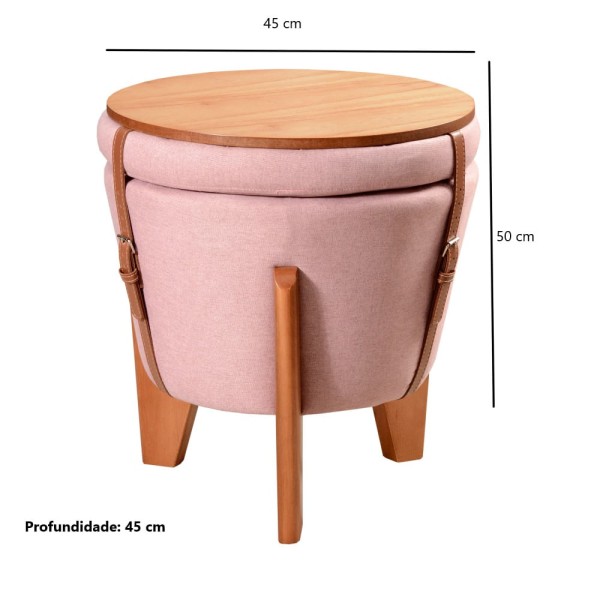 Encontraproduto.com.br - Puff com Baú Zeus Redondo Flex 50 cm em Madeira Maciça Banco Mesa Centro para Sala Multiuso Rosa