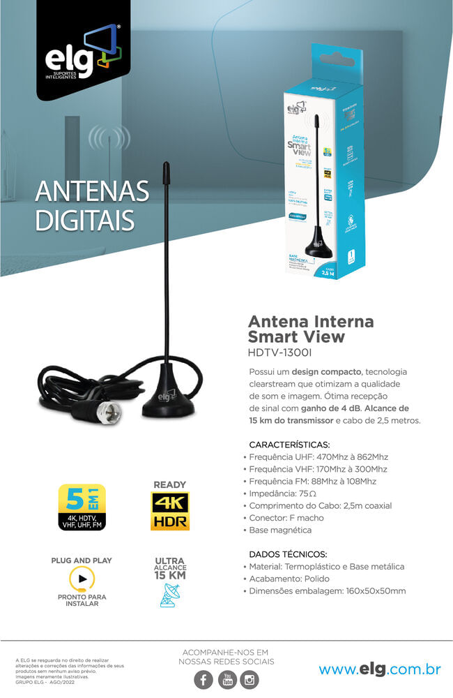 Encontraproduto.com.br - Antena Digital / Analógica Interna Elg Smart View 4k Hdr Com Cabo Coaxial De 2,5m - Hdtv1300i