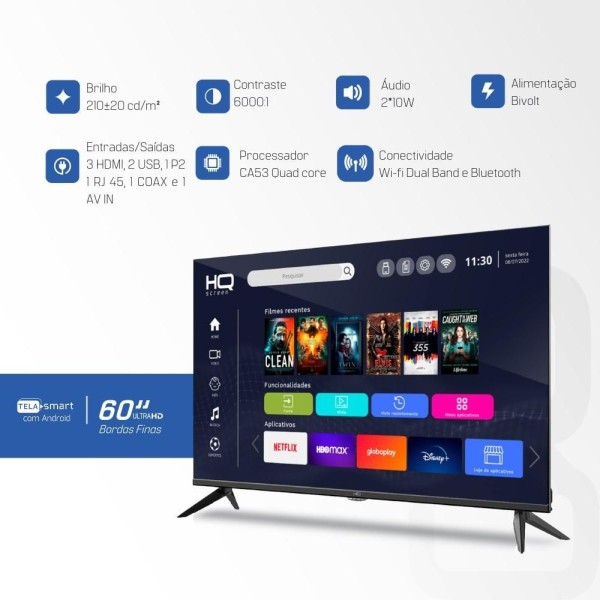 Encontraproduto.com.br - Smart TV HQ 60 UHD 4K HDR Android 11 Design Slim Processador Quad Core Espelhamento de tela - HQSTV60NK