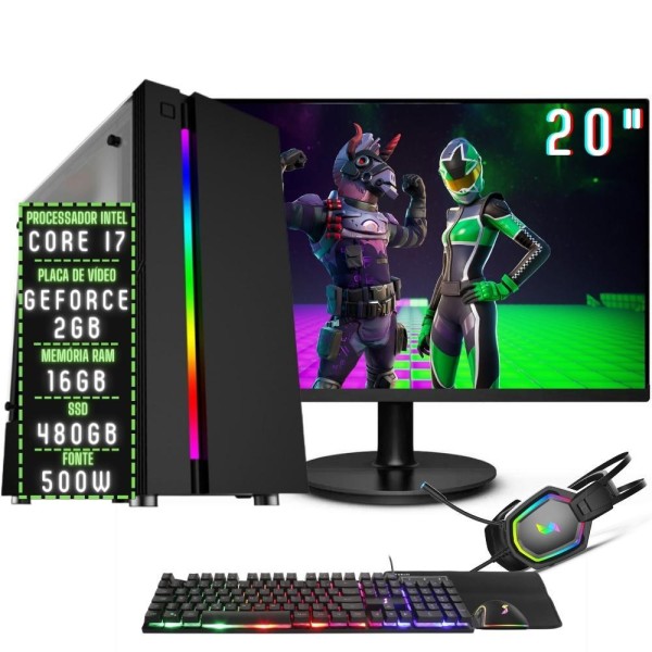 Encontraproduto.com.br - Pc Gamer Completo 3green Play Intel Core I7 16gb Ram Placa De Vídeo Geforce 2gb Ssd 480gb Monitor 20" 75hz Fonte 500w 3gp-052