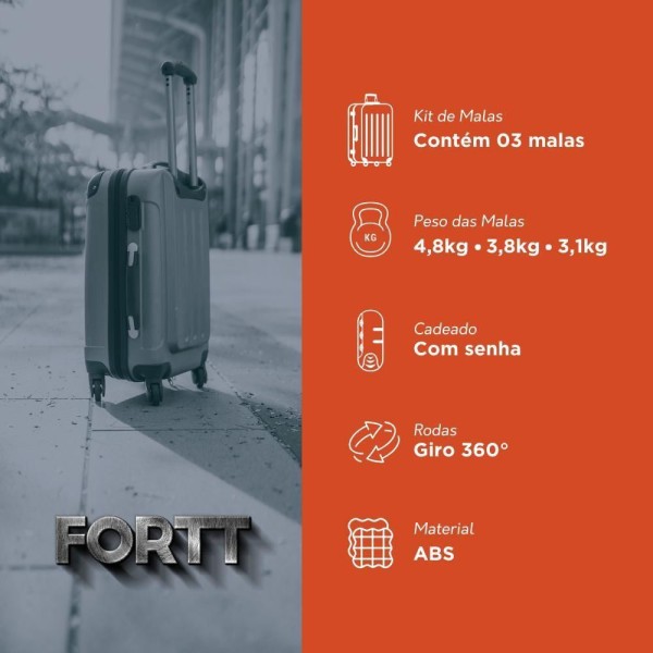 Encontraproduto.com.br - Kit Mala De Viagem Abs 3 Peças Adventure Fortt Prata - Kmv01-pr