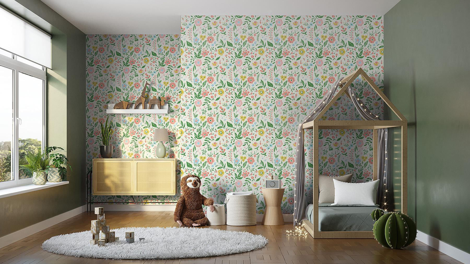 Papel de Parede Bobinex PP221 Jardim 52x950 Rosa e Amarelo