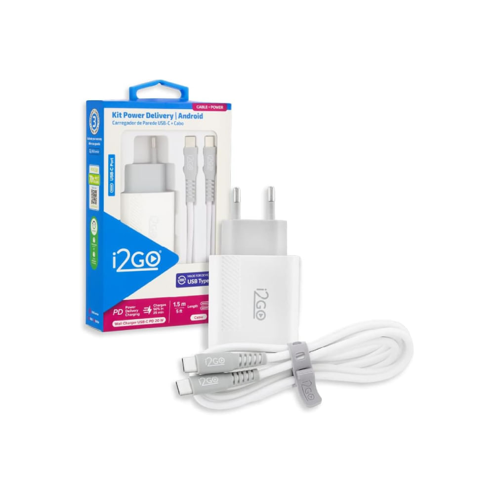 Encontraproduto.com.br - Kit De Carregador Power  e Cabo Usb 20W I2GO Branco