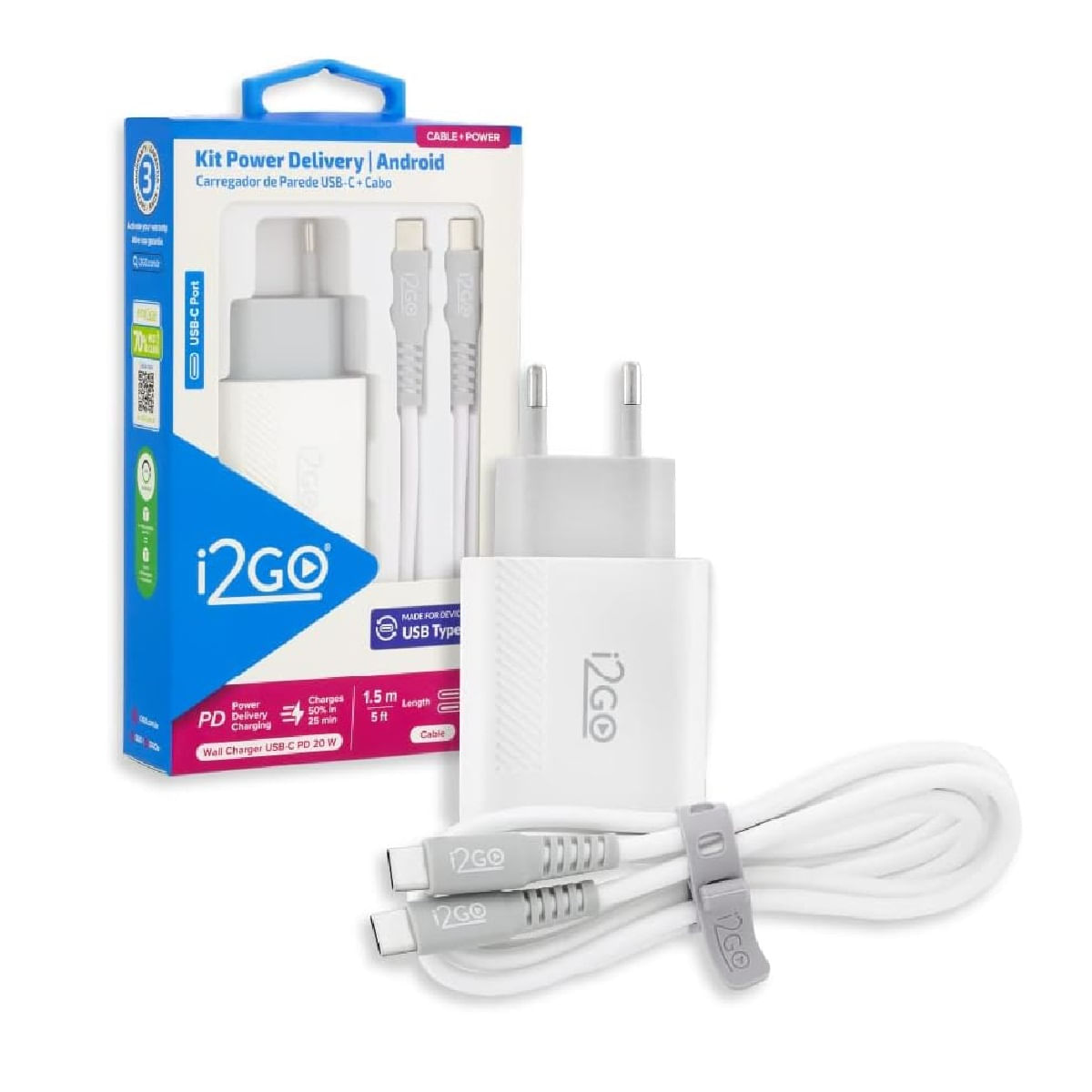 Encontraproduto.com.br - Kit De Carregador Power  e Cabo Usb 20W I2GO Branco
