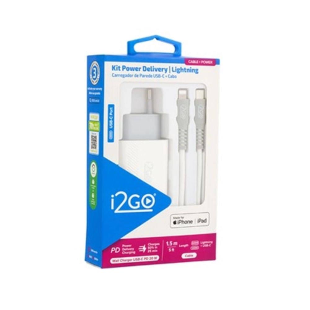 Encontraproduto.com.br - Kit Carregador I2GO 20W+Cabo C Lightning Branco