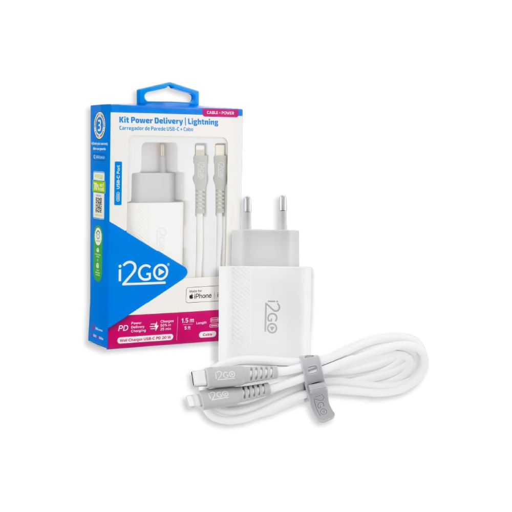 Encontraproduto.com.br - Kit Carregador I2GO 20W+Cabo C Lightning Branco