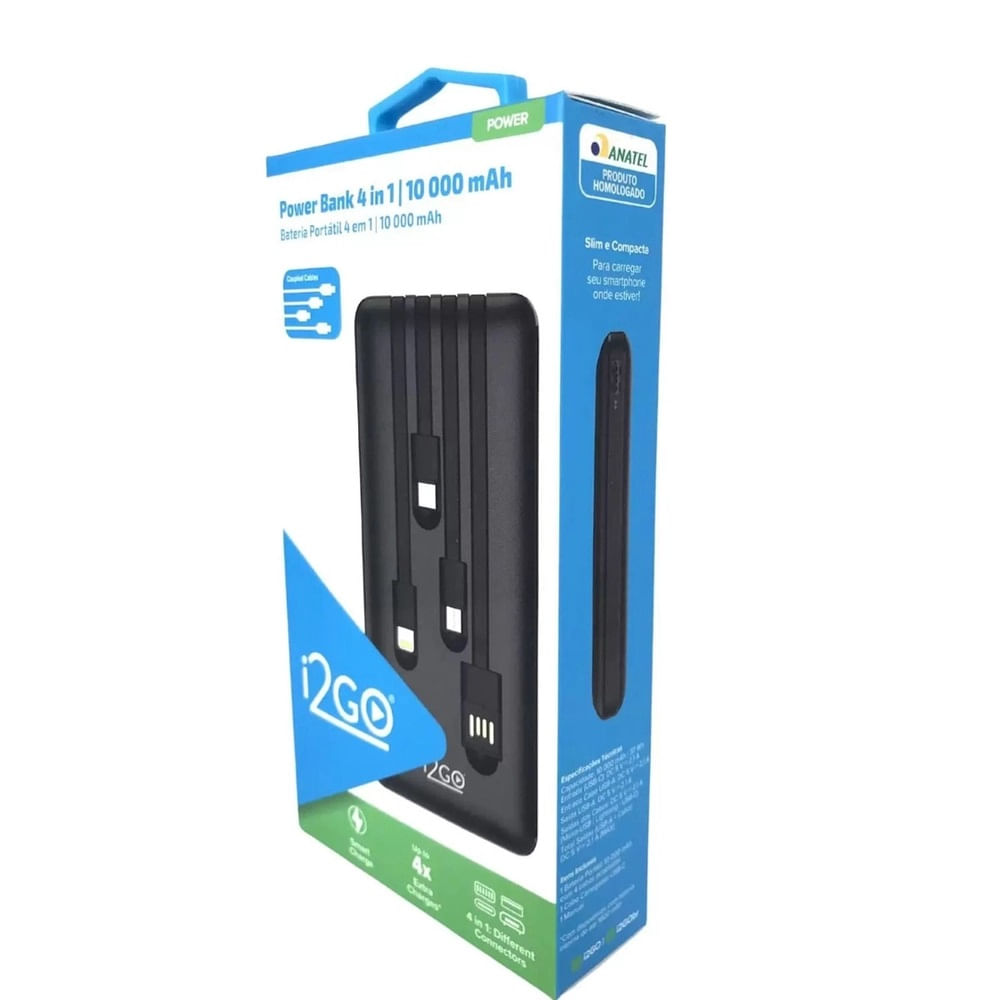 Encontraproduto.com.br - Carregador Portátil Power Bank I2GO 10000mAh 4N1 I2GBAT014 (MP)