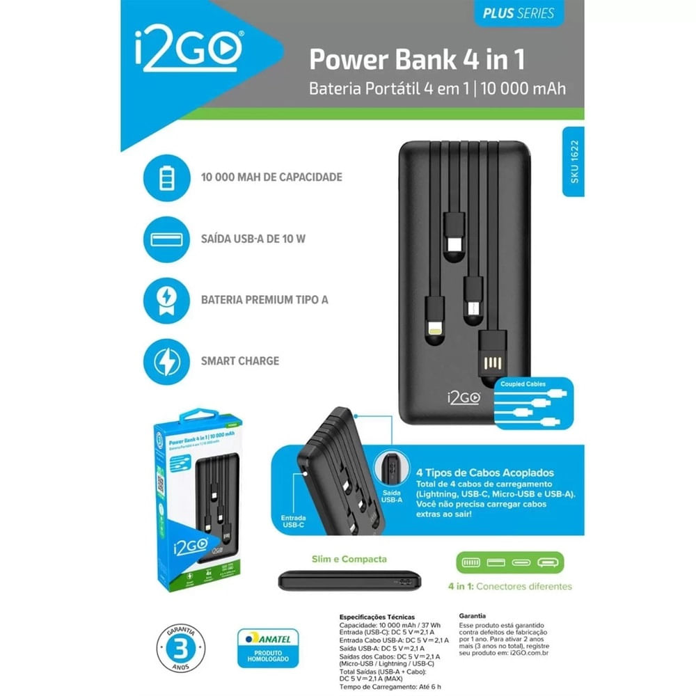 Encontraproduto.com.br - Carregador Portátil Power Bank I2GO 10000mAh 4N1 I2GBAT014 (MP)