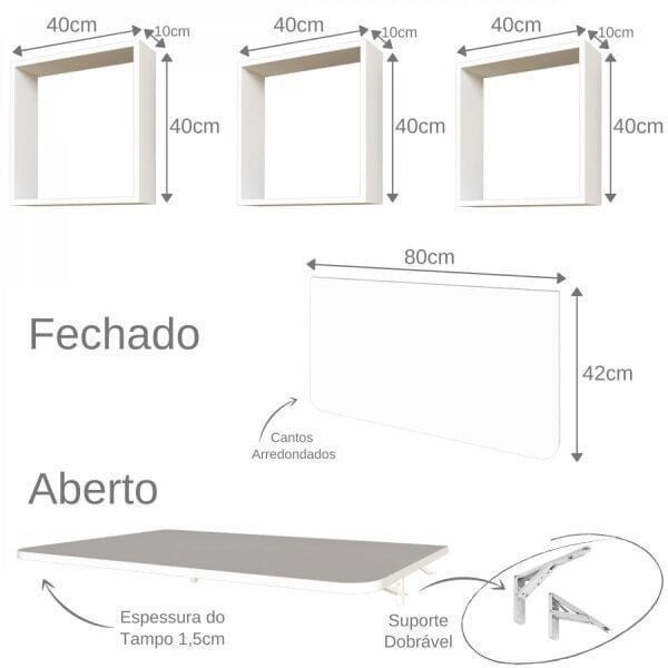 Encontraproduto.com.br - Conjunto Bancada Dobrável de Parede 80cm 3 Nichos 40cmx40cm Bramov Móveis Branco