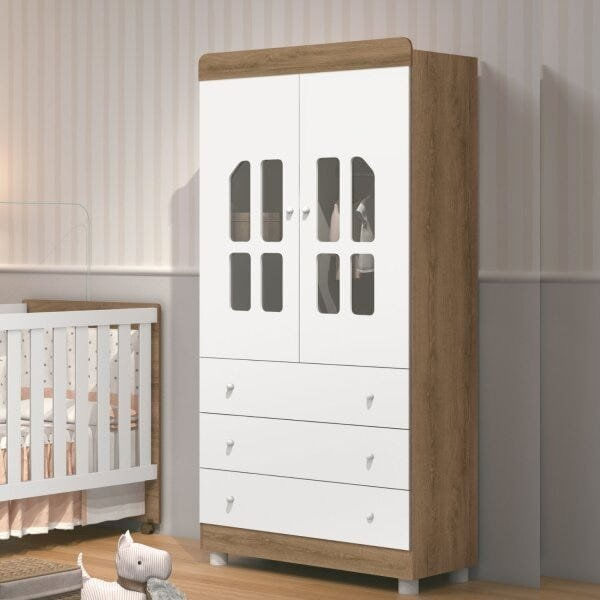 Encontraproduto.com.br - Guarda Roupa Bebê 2 Portas 3 Gavetas Katatau Móveis Reller Branco Brilho com Mezzo Fosco