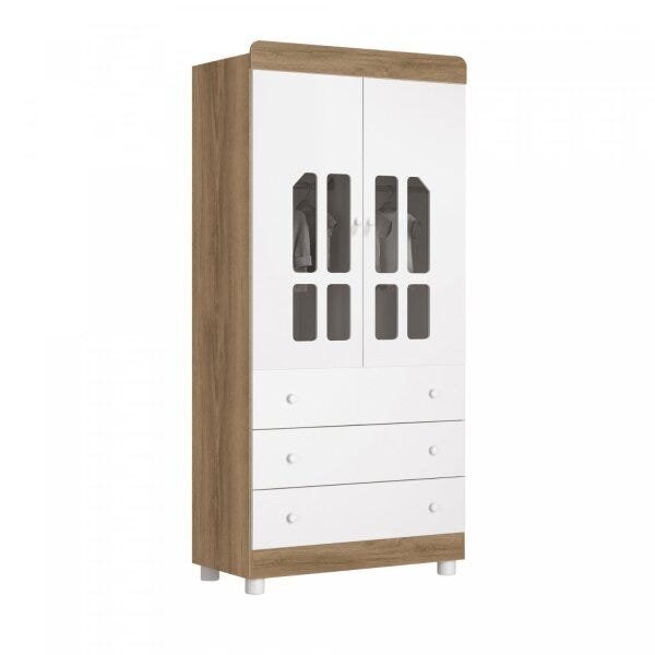 Encontraproduto.com.br - Guarda Roupa Bebê 2 Portas 3 Gavetas Katatau Móveis Reller Branco Brilho com Mezzo Fosco