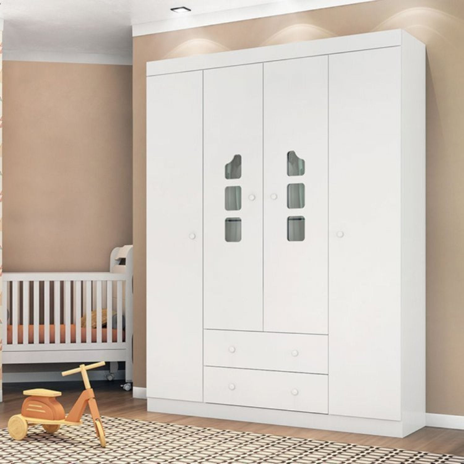 Encontraproduto.com.br - Quarto infantil com Guarda Roupa 4 Portas 2 Gavetas e Cômoda Lívia Phoenix Baby Branco