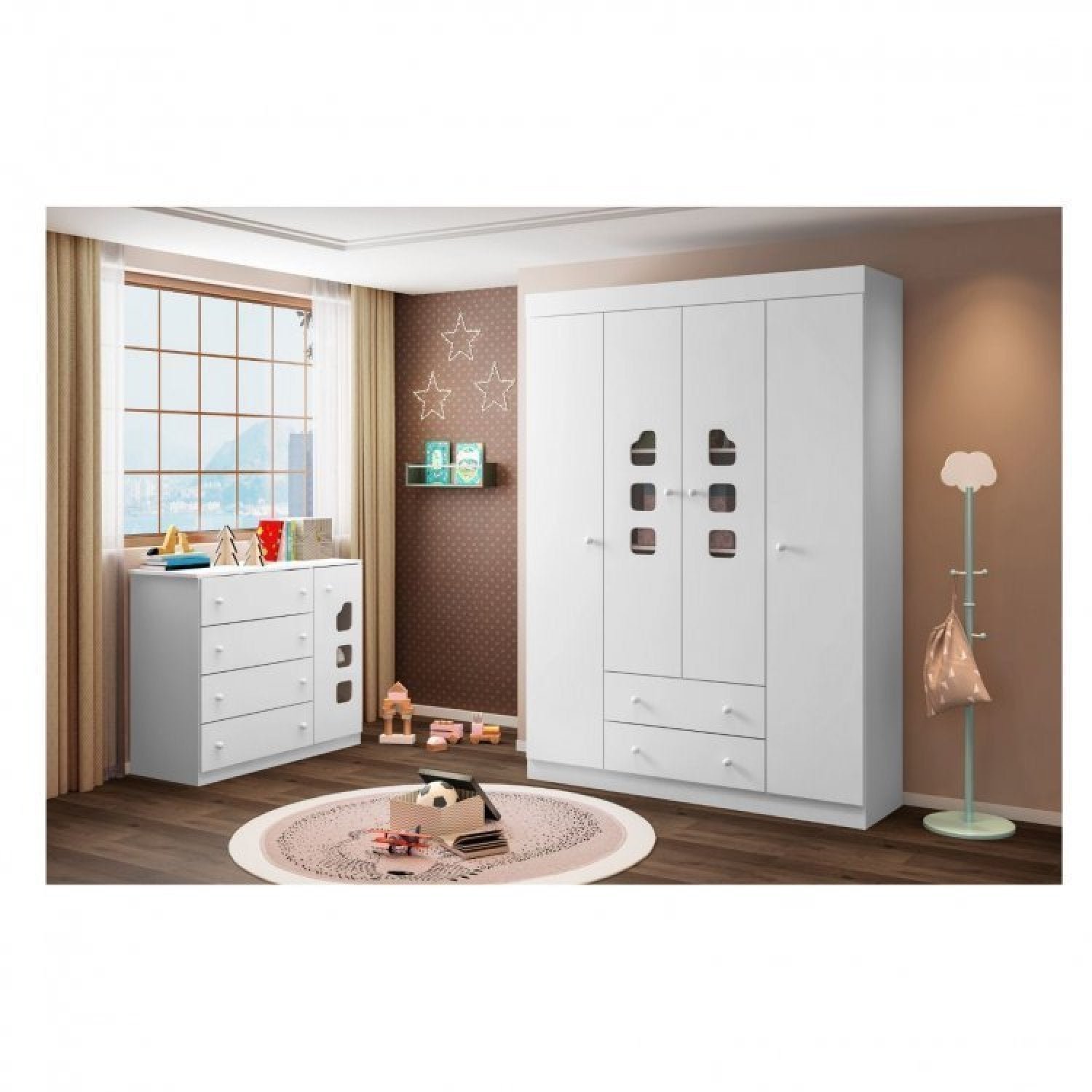 Encontraproduto.com.br - Quarto infantil com Guarda Roupa 4 Portas 2 Gavetas e Cômoda Lívia Phoenix Baby Branco
