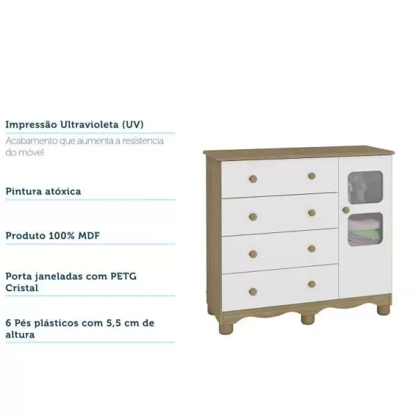 Encontraproduto.com.br - Quarto de Bebê Completo com Guarda Roupa Cômoda com Janela e Berço Mini Cama 100% MDF Ciranda Branco Brilho/Carvalho