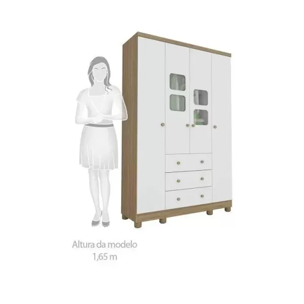 Encontraproduto.com.br - Quarto de Bebê Completo com Guarda Roupa Cômoda com Janela e Berço Mini Cama 100% MDF Ciranda Branco Brilho/Carvalho