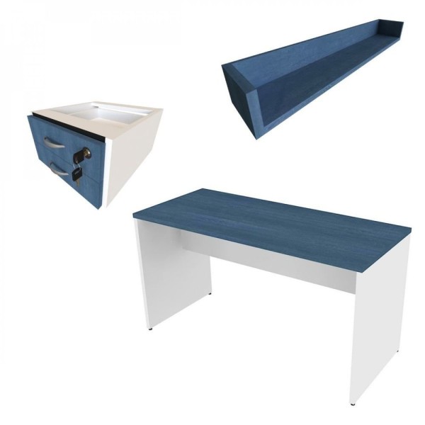 Encontraproduto.com.br - Escrivaninha 2 Gavetas Com Prateleira Suspensa Helen Bramov Branco Azul