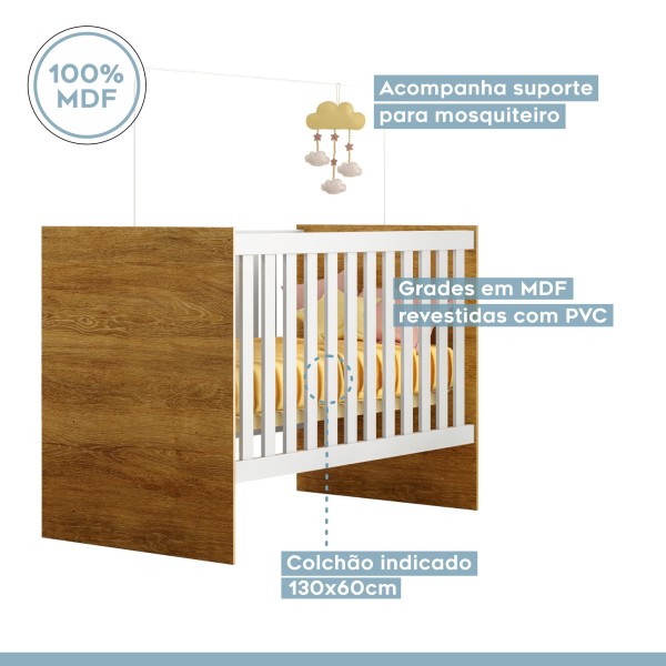 Encontraproduto.com.br - Berço com Suporte Mosquiteiro 100% MDF Life Branco/Madeirado Ypê