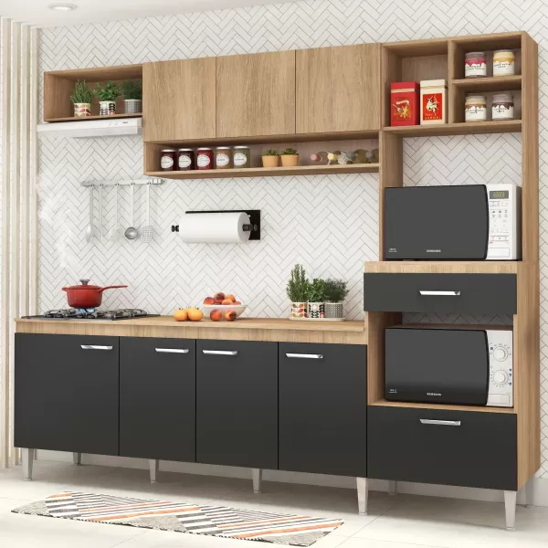 Cozinha Compacta Modulada com Tampo 8 Portas 1 Gaveta Inova Fellicci Carvalho/Grafite