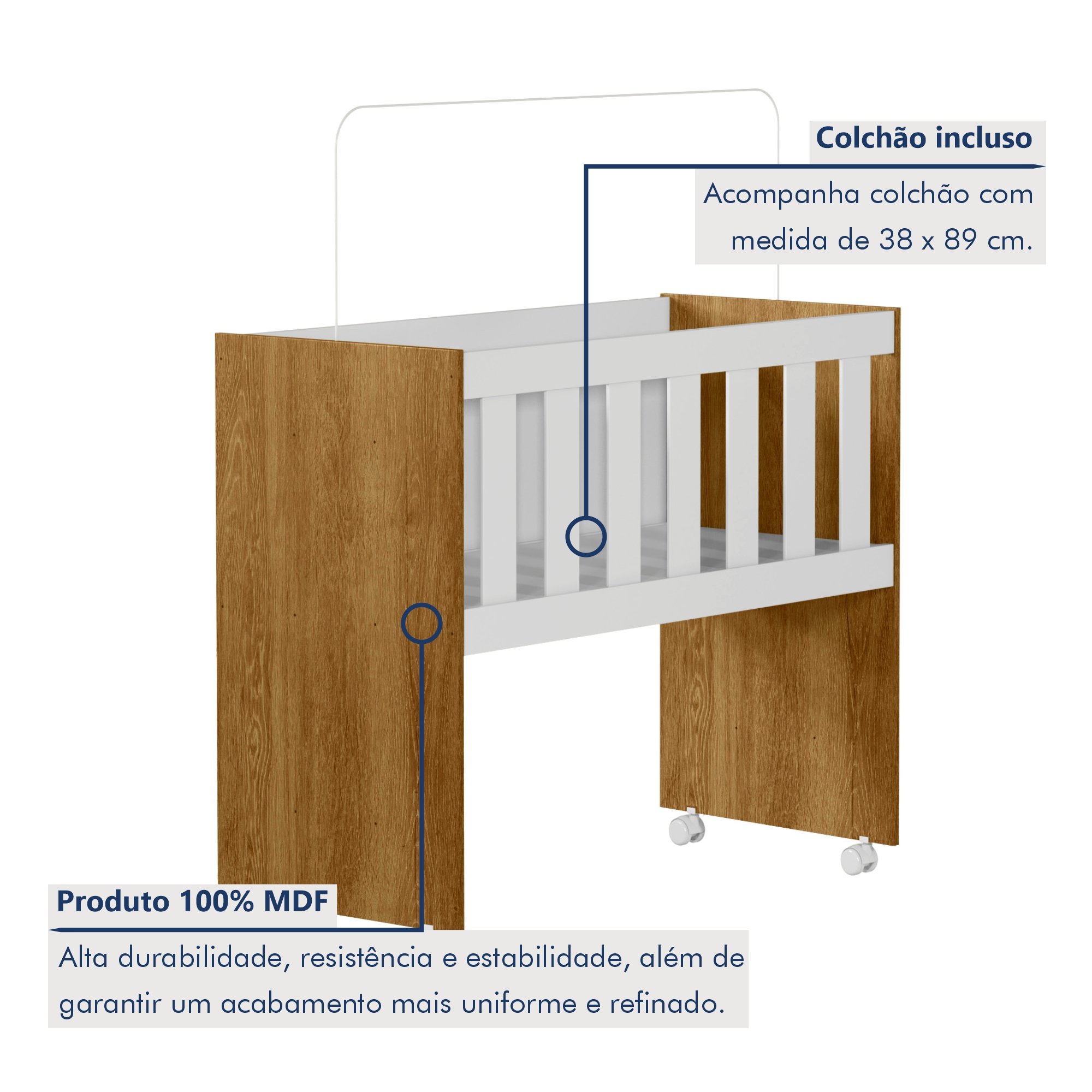 Encontraproduto.com.br - Mini Berço 100% MDF com Colchão 5 em 1 Ariel Branco/Ypê