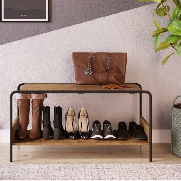 Encontraproduto.com.br - Conjunto Prateleira Decorativa e Sapateira Banco Multiuso Industrial Vermont/Preto