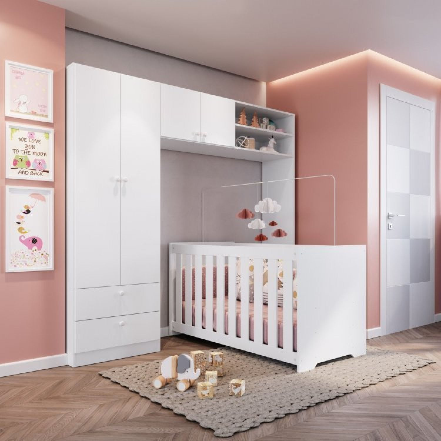 Conjunto para Quarto de Bebê com Guarda-Roupas e Berço com Colchão Branco