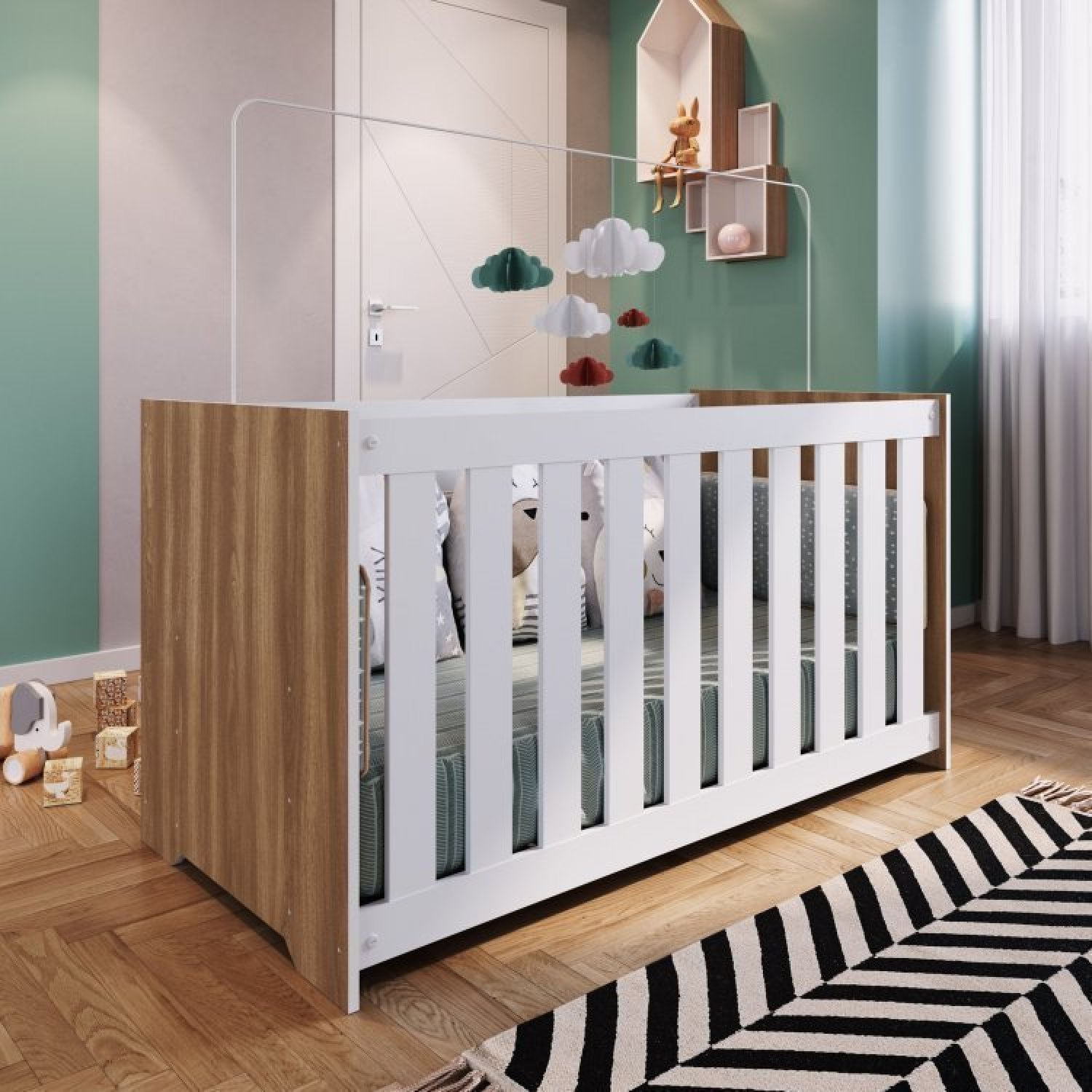 Encontraproduto.com.br - Conjunto para Quarto de Bebê com Guarda-Roupas e Berço com Colchão  Nogal Manchester/Branco