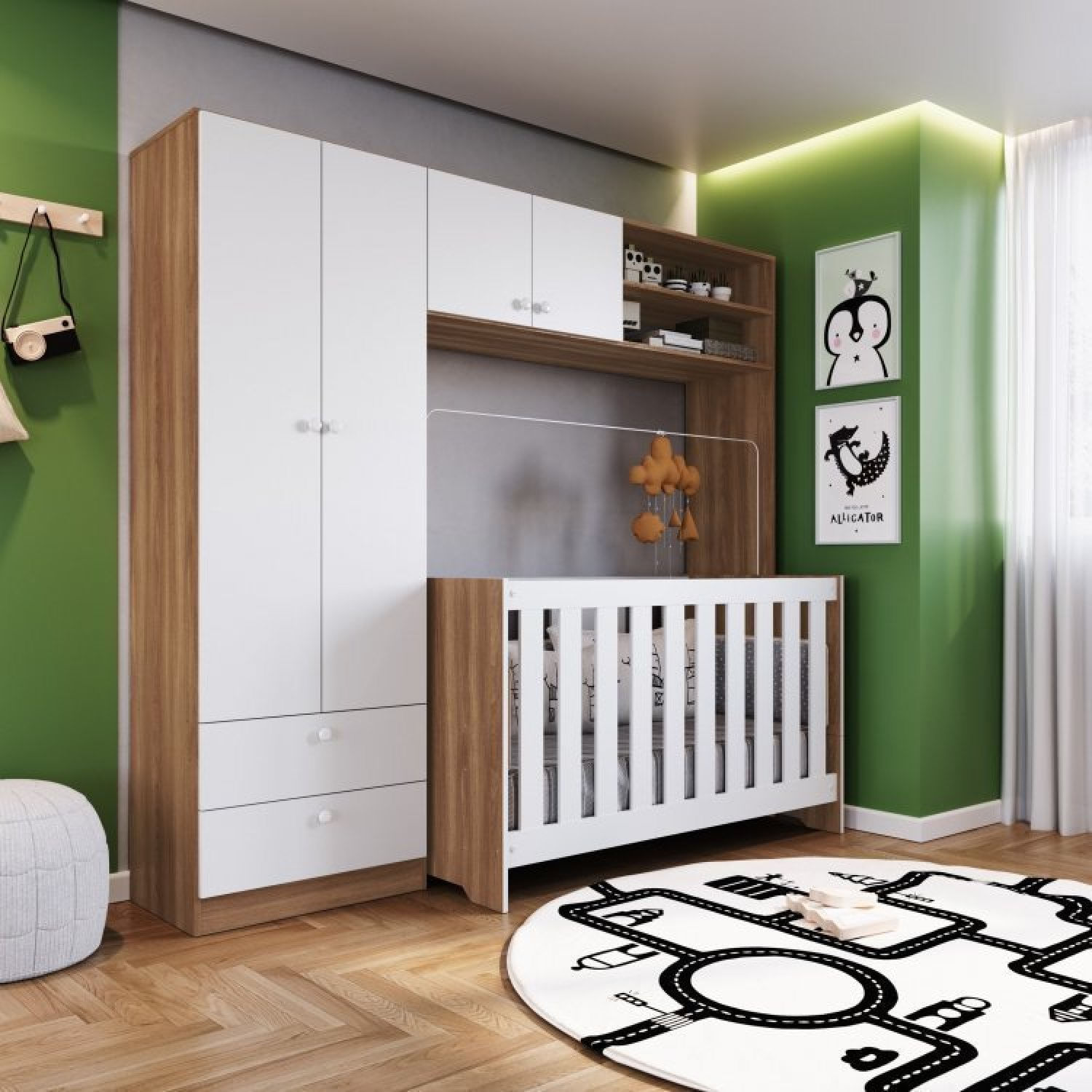 Quarto de Bebê com Guarda-Roupa e Berço 3 em 1 com Colchão Nogal Manchester/Branco