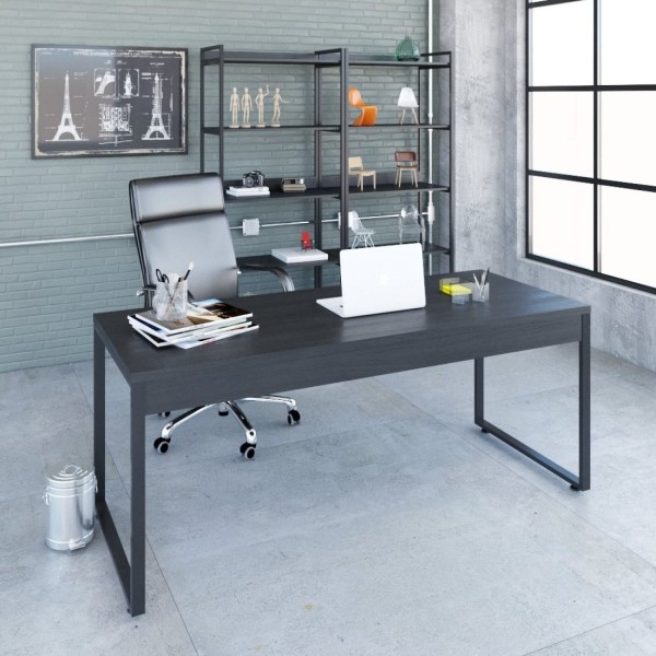Mesa para Escritório Diretor Estilo Industrial 180cm Kuadra Compace Preto Onix