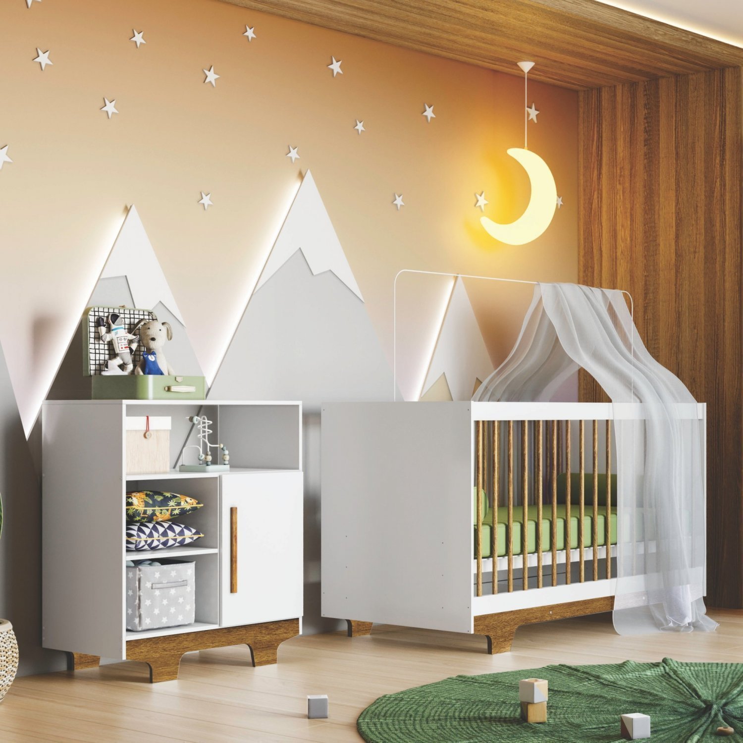 Quarto de Bebê 100% MDF com Berço Minicama e Cômoda Flocos Branco/Ypê