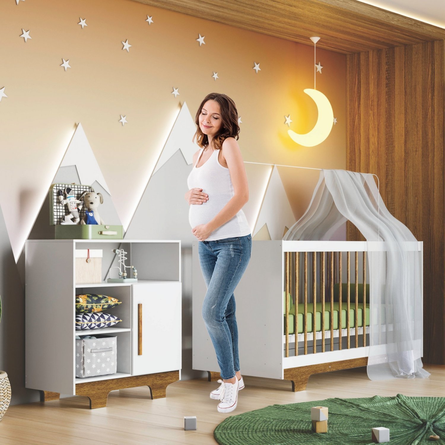 Encontraproduto.com.br - Quarto de Bebê 100% MDF com Berço Minicama e Cômoda Flocos Branco/Ypê