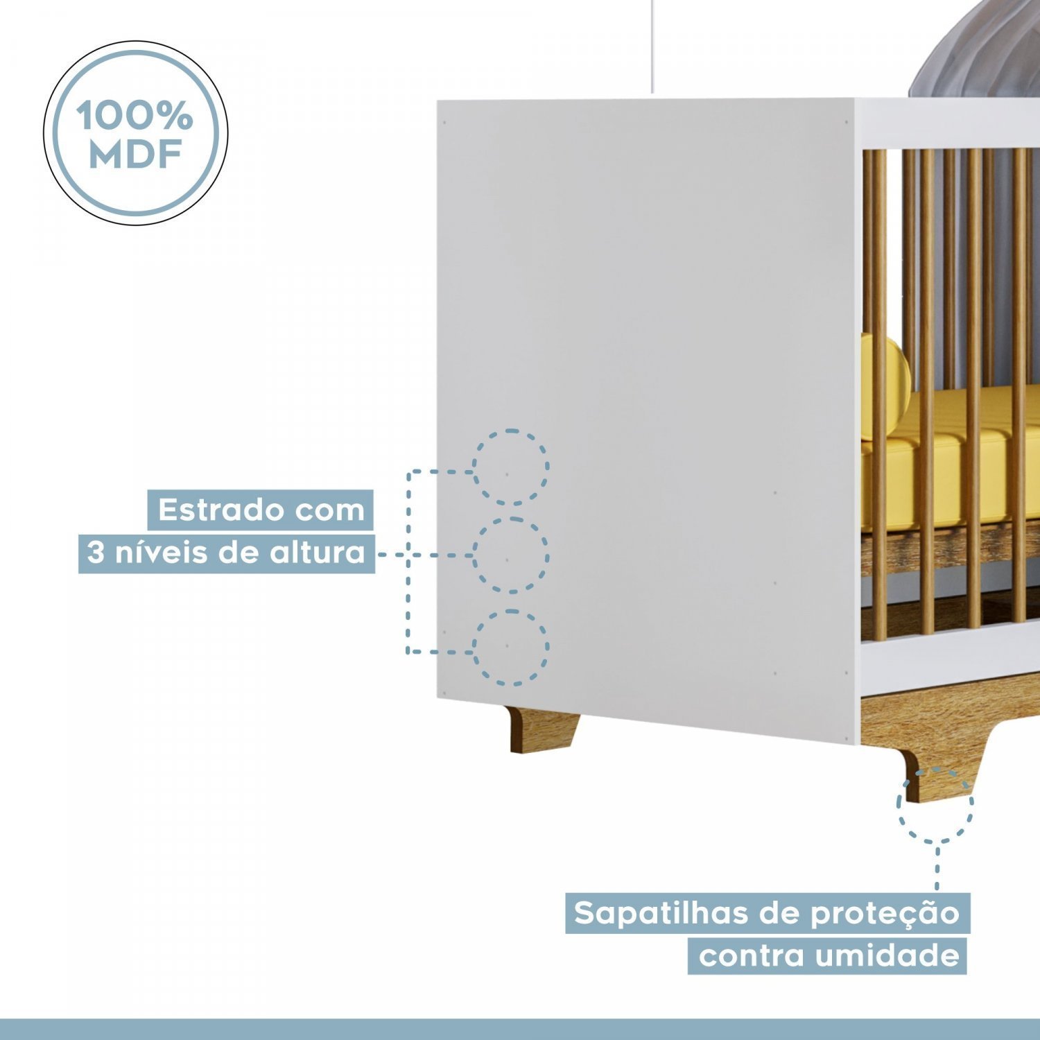 Quarto de Bebê 100% MDF Berço Minicama com Colchão e Cômoda Flocos Branco/Ypê