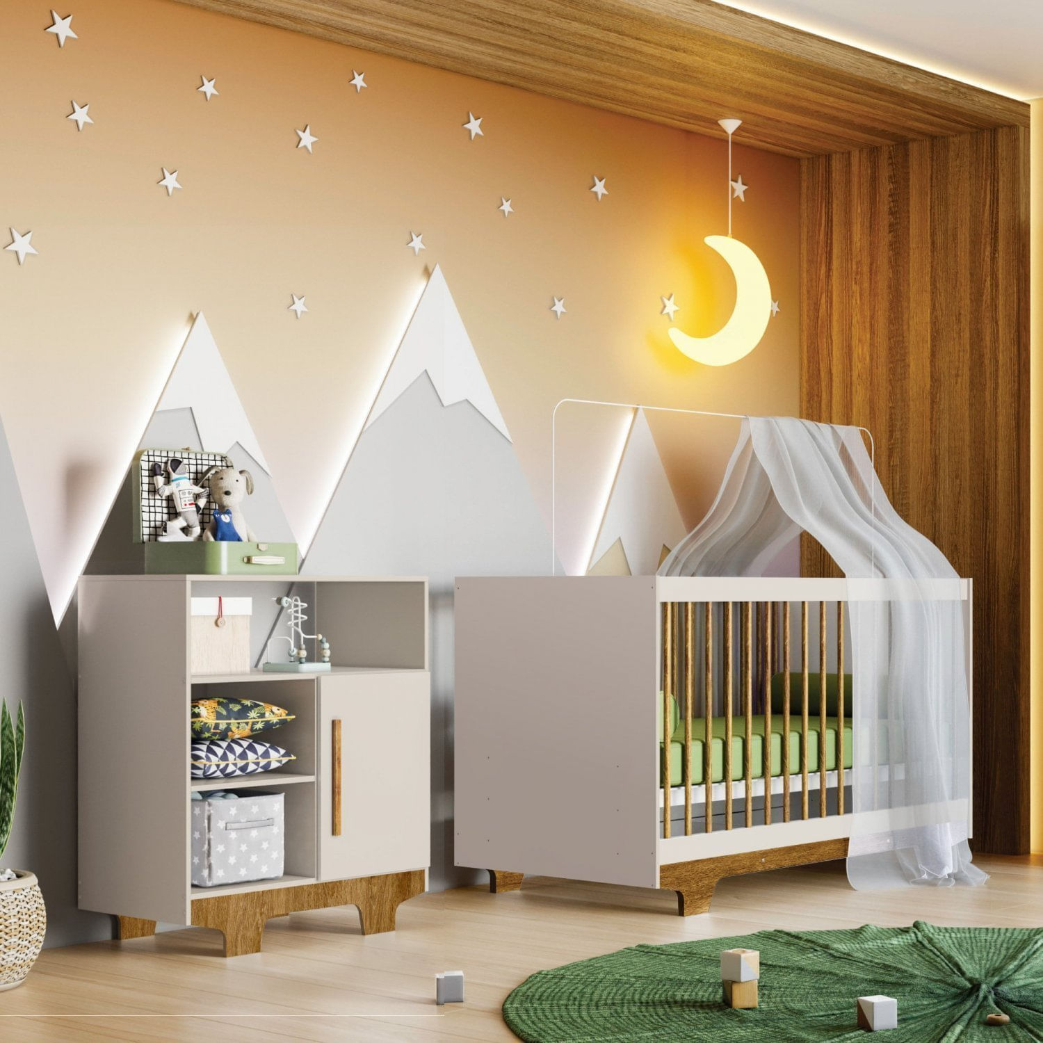 Encontraproduto.com.br - Quarto de Bebê 100% MDF Berço Minicama com Colchão e Cômoda Flocos Off White/Ypê
