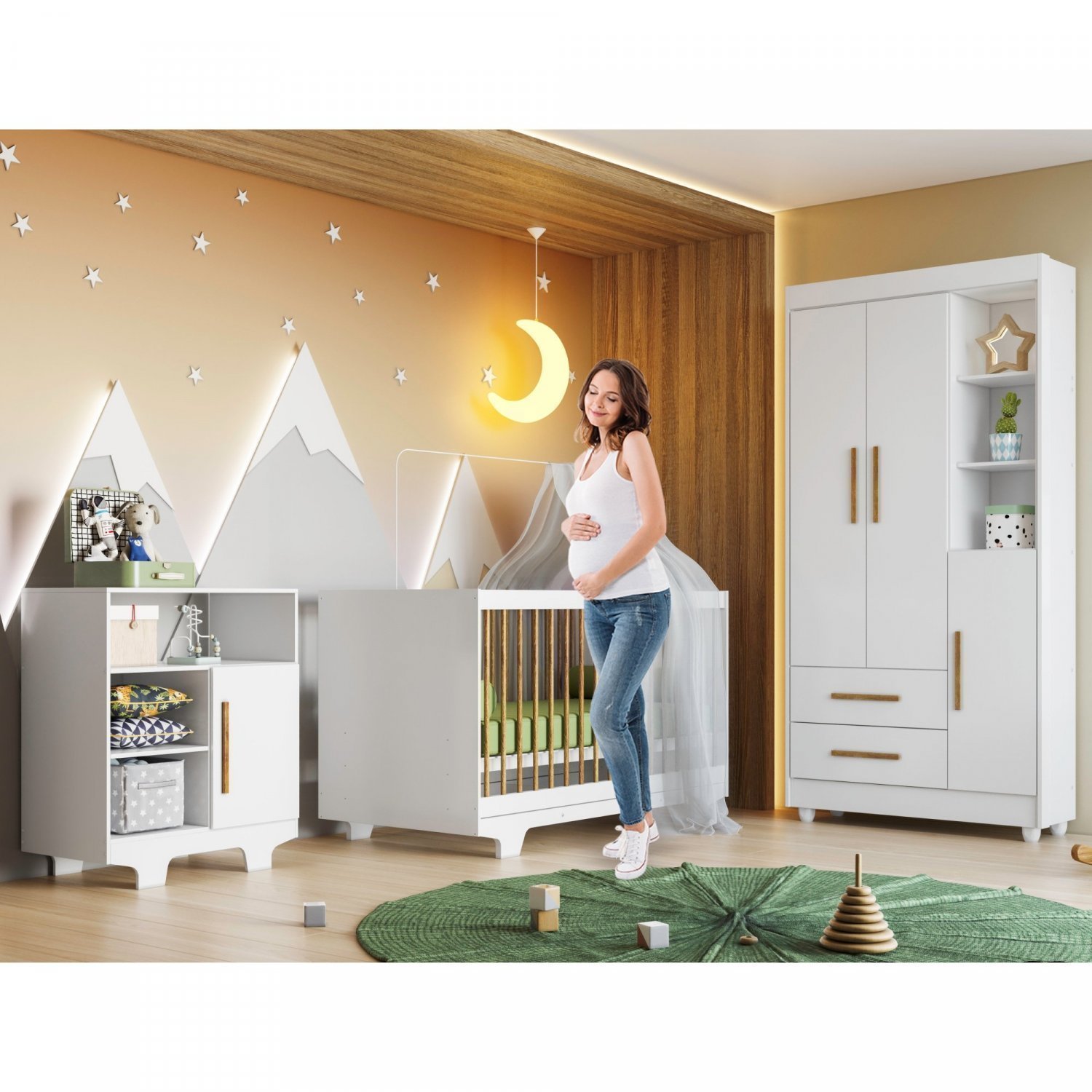 Encontraproduto.com.br - Quarto de Bebê 100% MDF com Berço Minicama, Cômoda e Guarda Roupa 3 Portas Flocos Branco