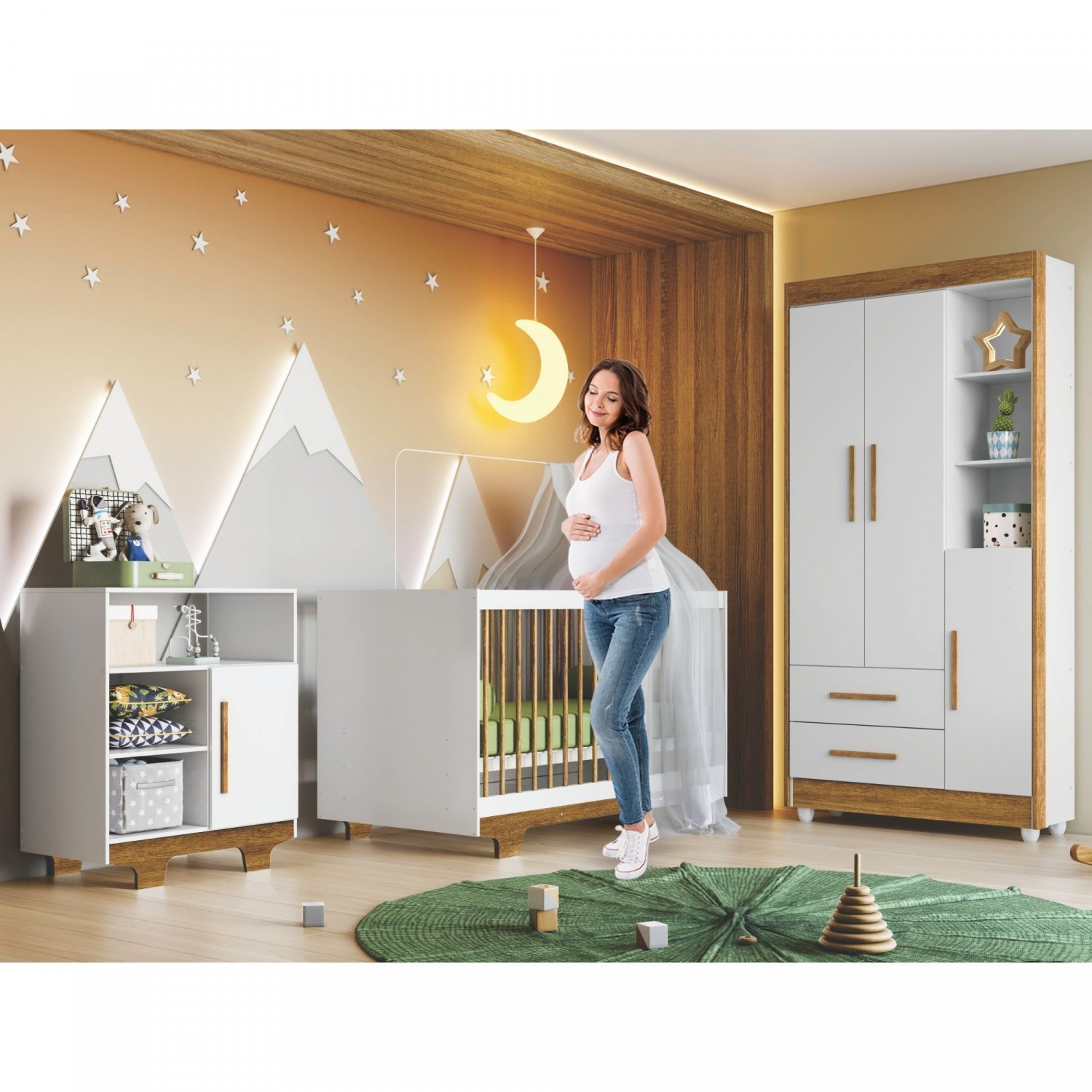 Encontraproduto.com.br - Quarto de Bebê 100% MDF com Berço Minicama, Cômoda e Guarda Roupa 3 Portas Flocos Branco/Ypê