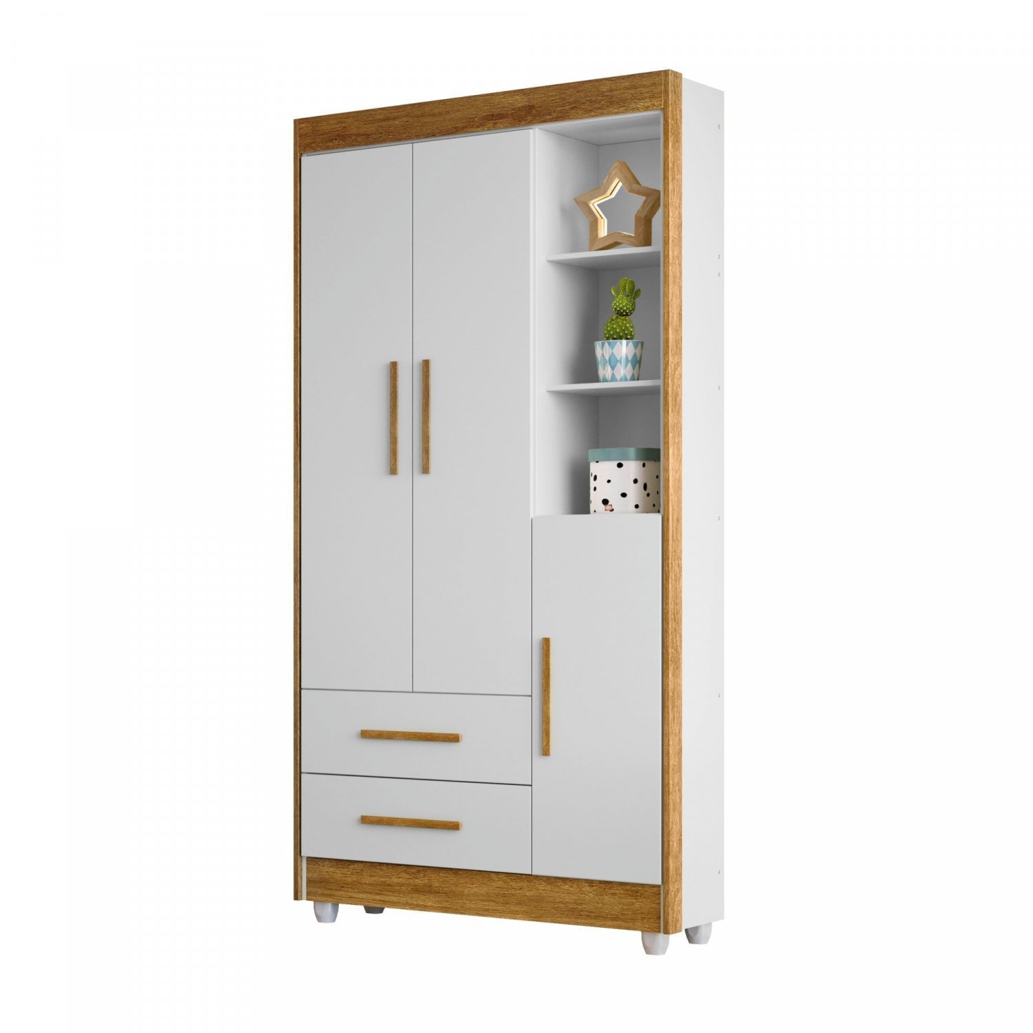 Encontraproduto.com.br - Quarto de Bebê 100% MDF com Berço Minicama, Cômoda e Guarda Roupa 3 Portas Flocos Branco/Ypê