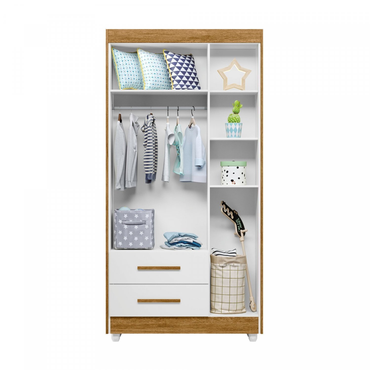 Encontraproduto.com.br - Quarto de Bebê 100% MDF com Berço Minicama, Cômoda e Guarda Roupa 3 Portas Flocos Branco/Ypê