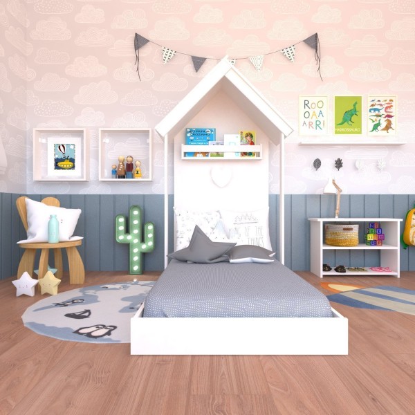 Encontraproduto.com.br - Quarto Infantil Cama Banqueta 2 Nicho e Prateleira Bramov Móveis Branco