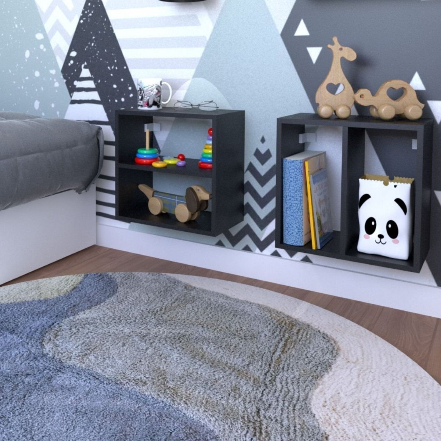 Encontraproduto.com.br - Conjunto 2 Nichos Prateleira para Quarto Infantil Bramov Móveis Preto
