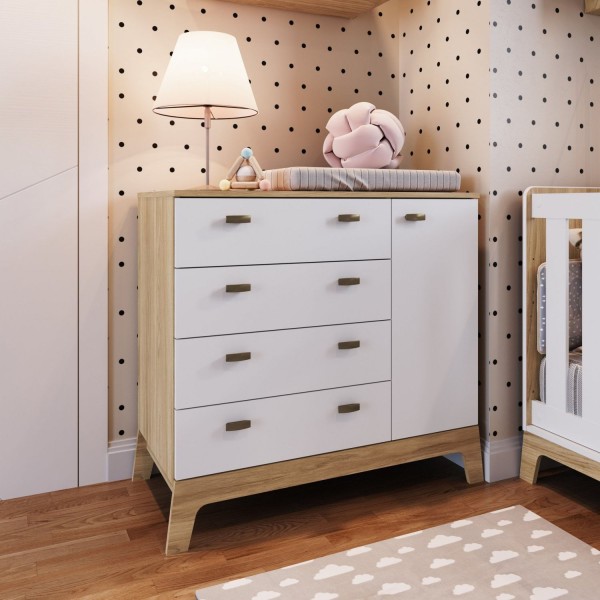 Encontraproduto.com.br - Cômoda Infantil 4 Gavetas e 1 Porta Linha Favo de Mel Completa Móveis Itapuã/Branco